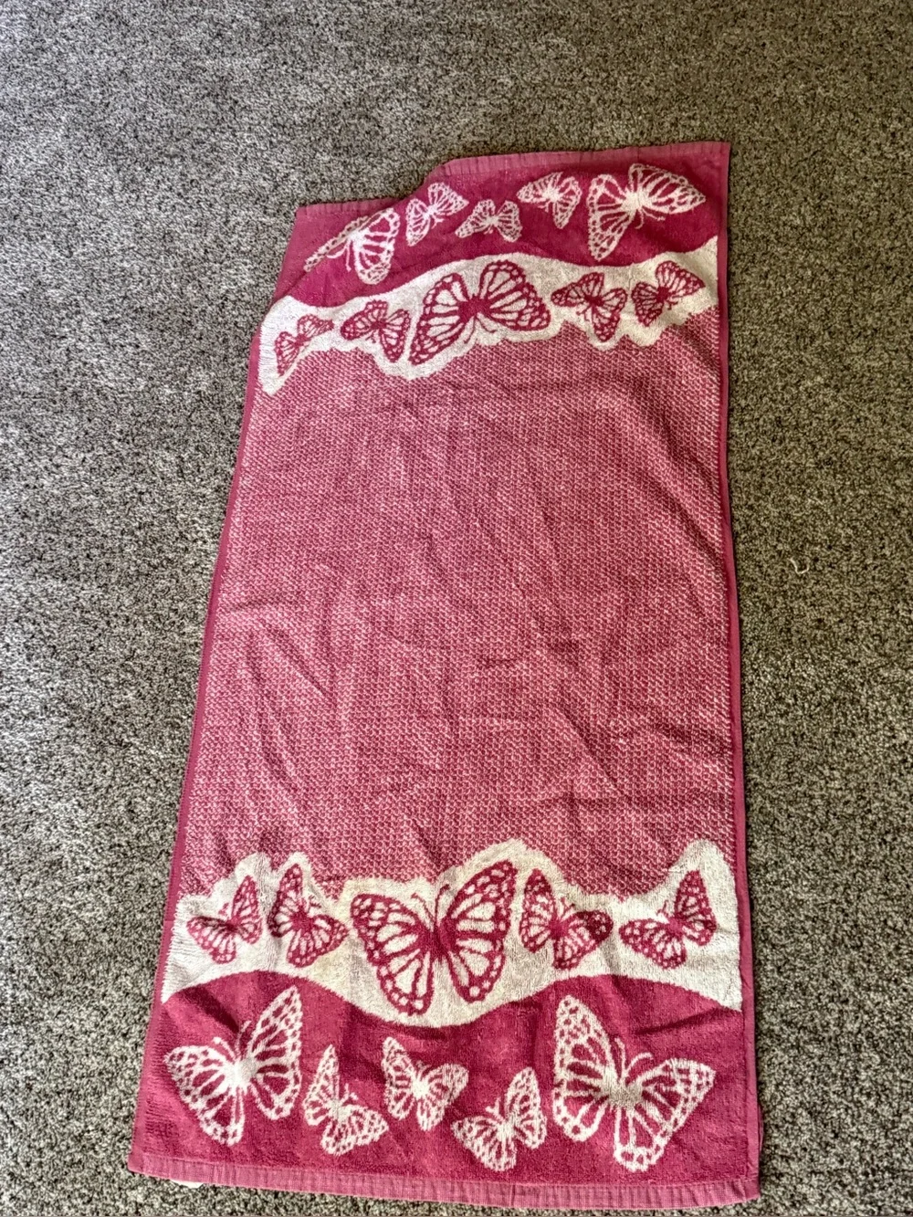 Vintage Pink Butterfly Cotton Bath Towel - pink and white 20x39.5”